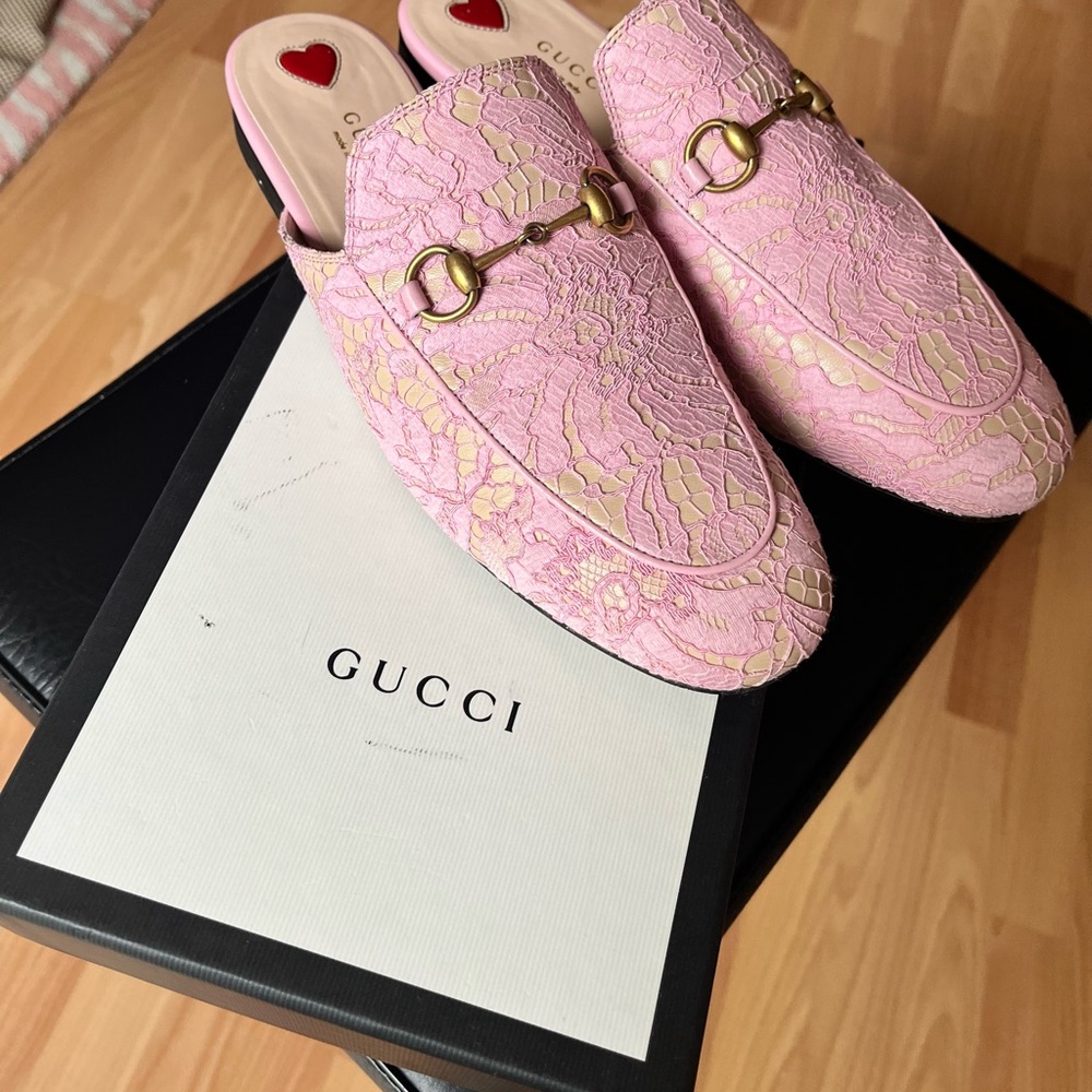 Gucci Princetown Pink Lace Mules sz 9US/39IT
